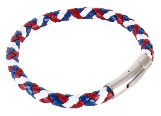 Red White & Blue Braided Leather Bracelet with Steel Clasp
